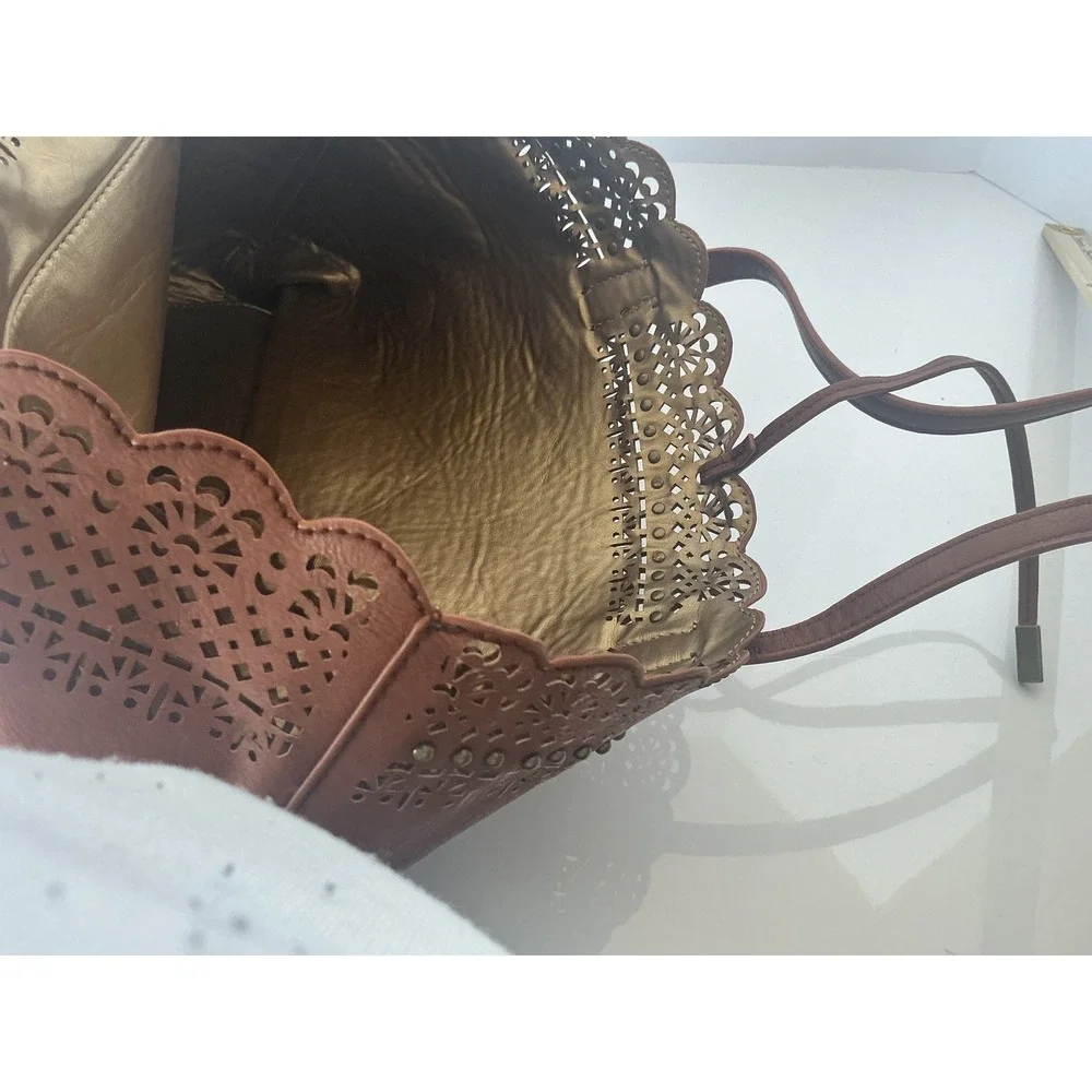 American West Bandana Tote Bag Brown Faux Leather Laser Cut Purse‎